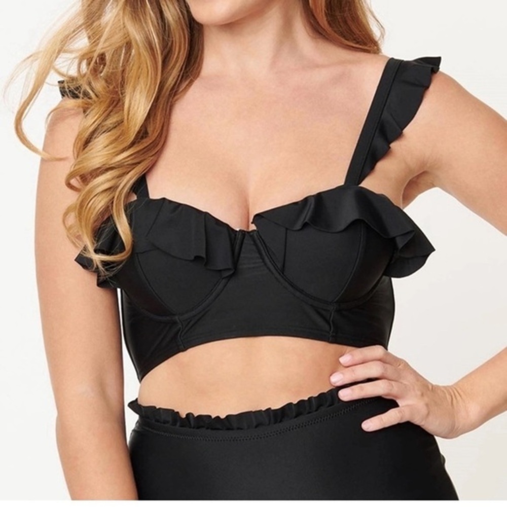 Unique Vintage Black Padded Southampton Ruffle Long Line Corset Swim Bikini Top